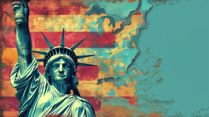 Iconic America: Statue of Liberty Against a Vivid Map Background