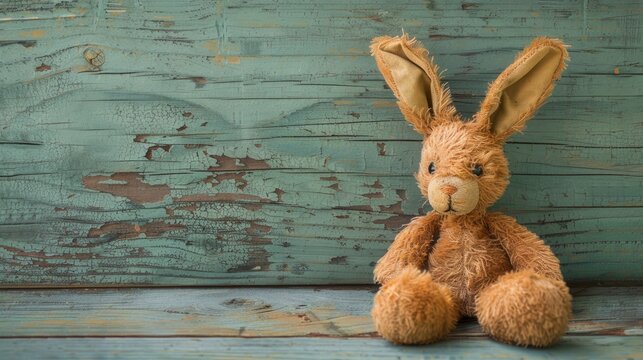 A charming solitary rabbit plush toy resting on a weathered vintage wooden backdrop with ample space for text or design - Powered by Adobe