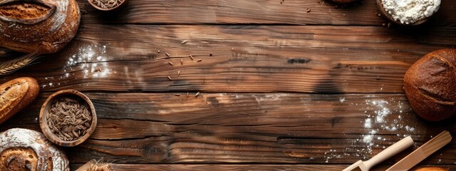 Bakery banner. Bread bakery on brown wooden background top food view. bread slice pastry brown breakfast bake organic