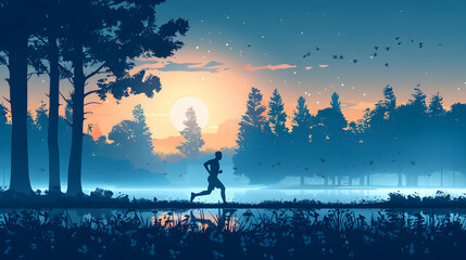 Runner in the Morning Mist: Silhouette of Runner in Nature Flat Design Concept for Morning Fitness Routine
