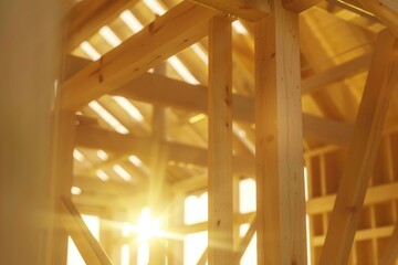 Sunlight streaming through rustic wooden architecture. Ideal for architectural or nature-themed projects
