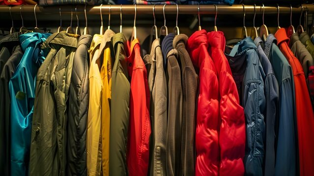 Rack filled with discounted clothing items at a retail store. Concept Retail Sales, Clothing Deals, Discounted Items, Seasonal Bargains, Store Markdowns