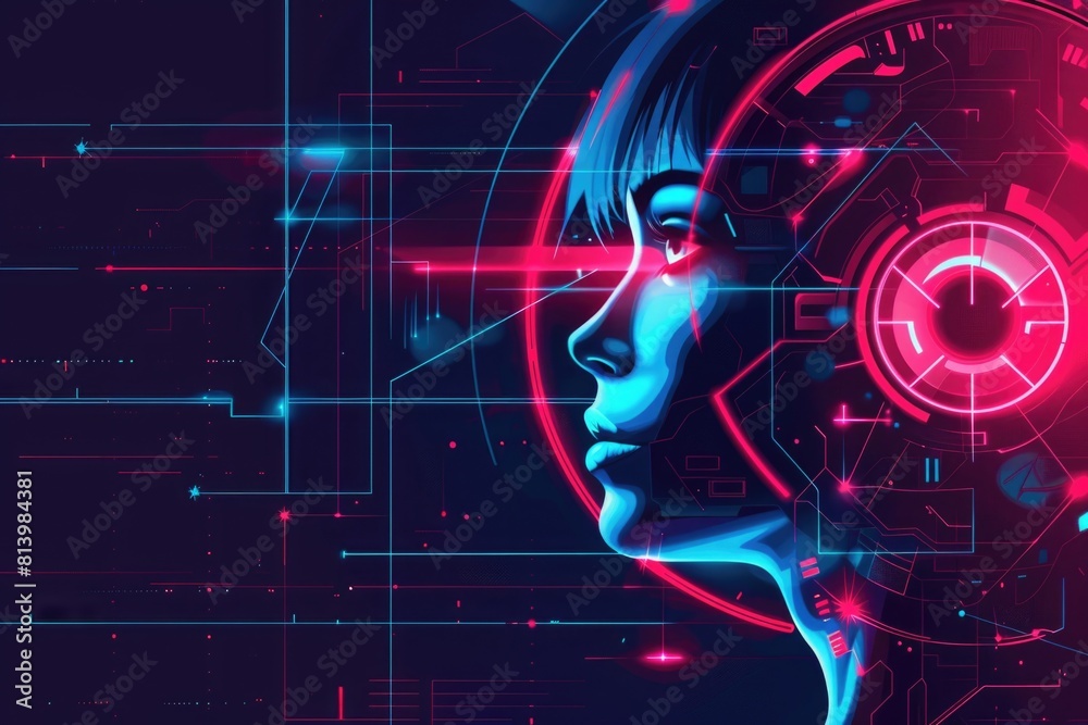 Poster a woman standing with headphones in front of a futuristic backdrop. suitable for technology concepts