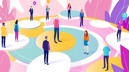 A group of diverse professionals standing on a colorful interconnected pathway, symbolizing collaboration and networking.