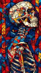 A colorful stained glass window with a skeleton in the center