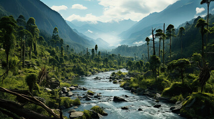 A Vibrant Dense Rain Forest With Mountains and Floating River Aerial View Landscape Background