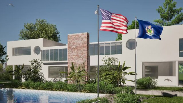 Modellazione 3D e video di edificio reaidenziale con piscina  e bandiere USA e Maine al vento