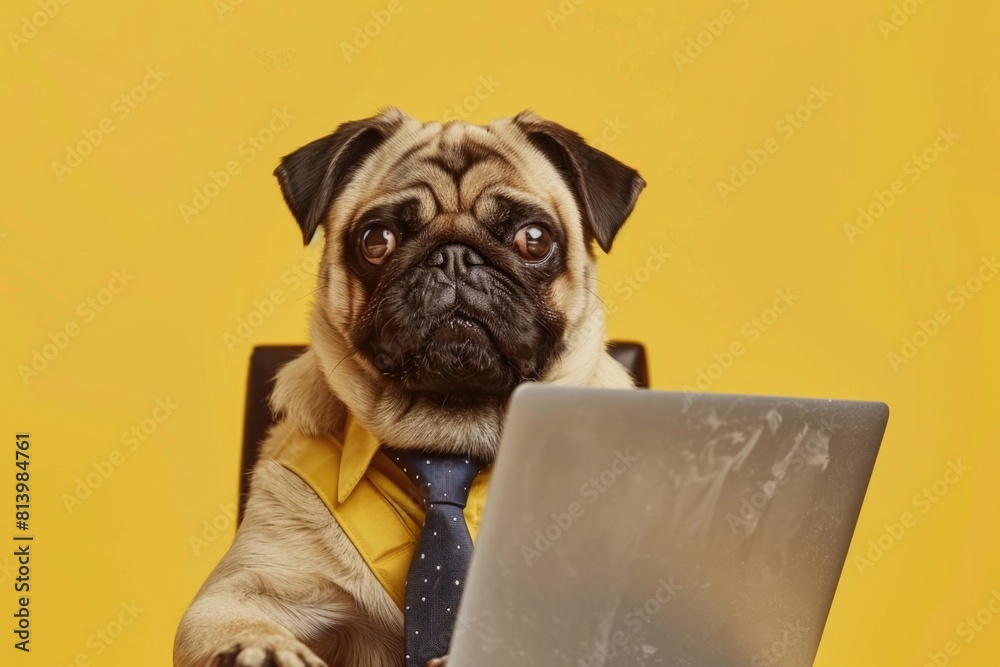 Poster pug dog sitting at a desk with a laptop. perfect for business and technology concepts