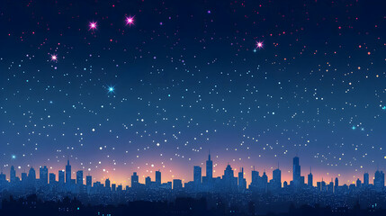 Starry Night Over Cityscape: Urban Lights and Celestial Stars   Flat Design Icon Illustration Depicting a Sparkling Cityscape Under a Starry Sky