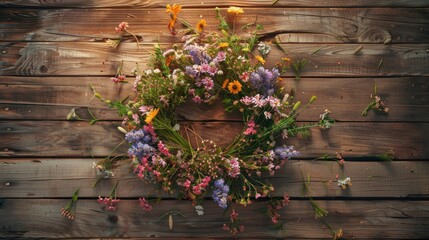 A captivating midsummer crown crafted from a beautiful array of wildflowers rests elegantly against a rustic wooden backdrop The top down perspective allows for ample space for customizatio