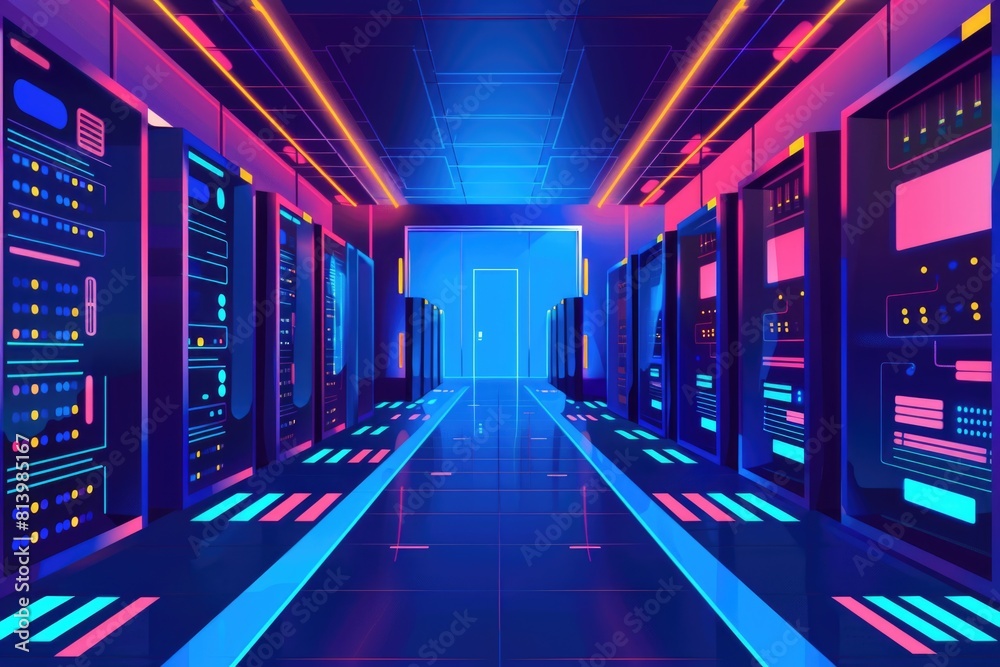 Aufkleber Rows of servers in a long hallway with neon lights. Suitable for technology and data center concepts