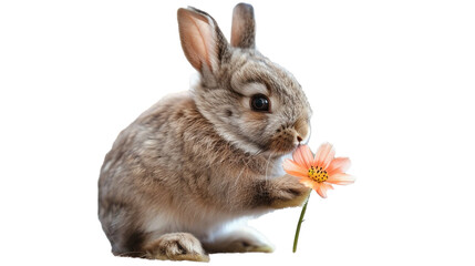 Bunny holding a tiny flower isolated on transparent background.PNG file. 