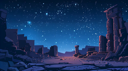 Stars Over Historical Ruins: Ancient Ruins Under a Star Filled Sky, Symbolizing the Connection of Historical Grandeur with the Timeless Universe   Flat Design Icon Illustration.