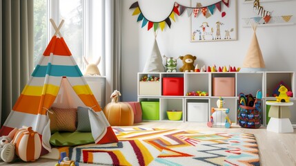 Colorful and well-organized children's playroom with a teepee, toys, and wall decorations.