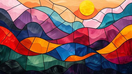 A colorful painting of mountains and a sun with a blue sky