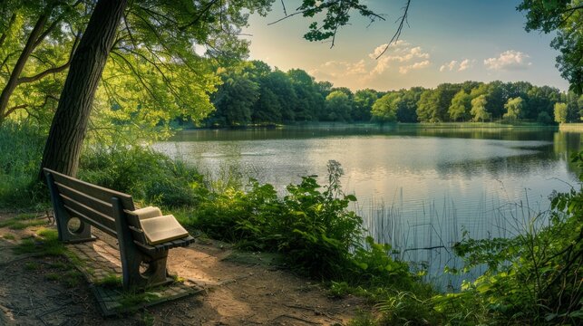 Serene Lakeside Retreat with Open Bible on Bench