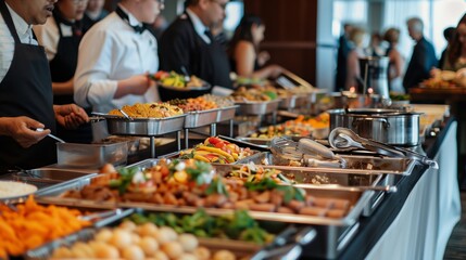 Fototapeta premium A busy buffet line at a formal event with guests filling their plates with a variety of dishes.