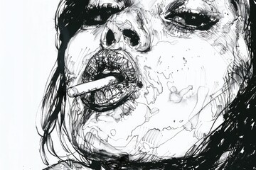 A realistic drawing of a woman smoking a cigarette. Suitable for lifestyle and health-related projects