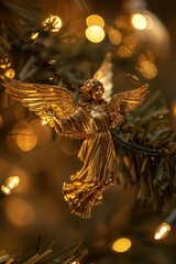 Fototapeta premium A festive gold angel ornament hanging from a Christmas tree. Perfect for holiday decorations