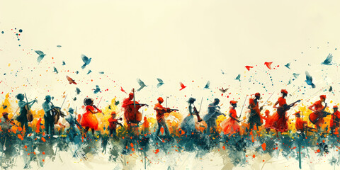 Abstract orchestra with colorful splashes and birds, depicting musical creativity and freedom.
