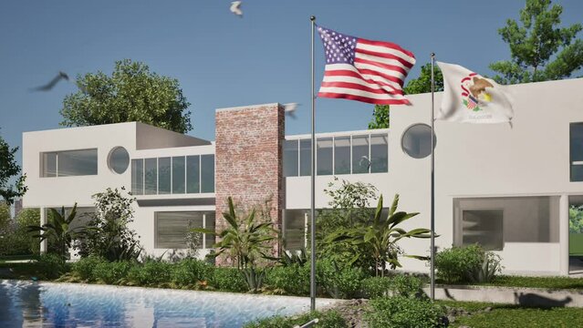Modellazione 3D e video di edificio reaidenziale con piscina  e bandiere USA e  Illinois al vento