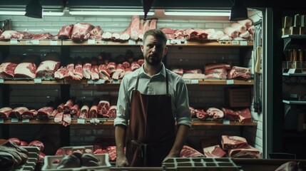 A confident butcher in a red apron stands in front of various cuts of meat displayed in a shop.