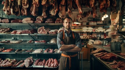 Confident butcher stands with arms crossed in a shop, surrounded by various cuts of meats and sausages.