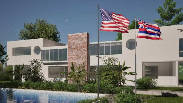 Modellazione 3D e video di edificio reaidenziale con piscina  e bandiere USA e Hawaii al vento