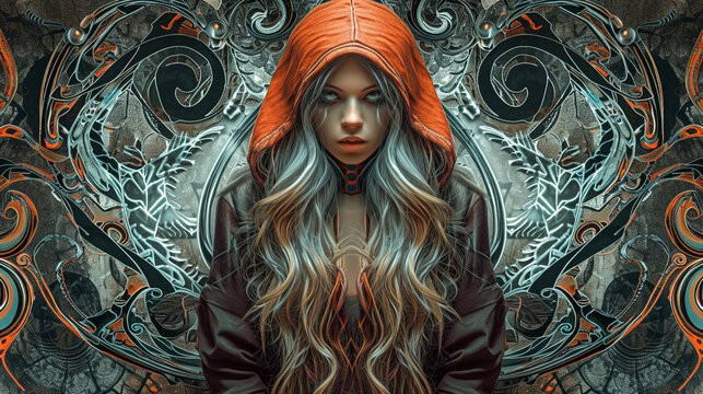 beautiful female in a hooded robe, with long white hair