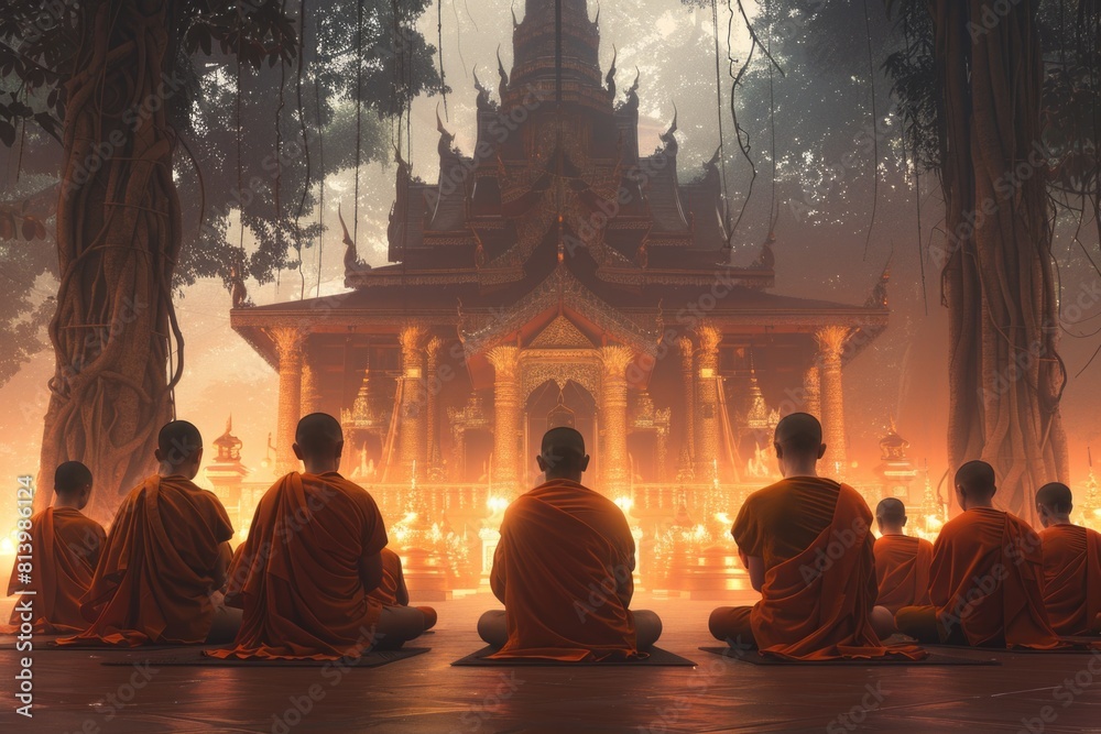 Poster group of monks sitting in front of a building, suitable for religious and architectural themes