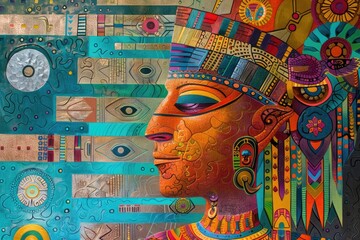 Fototapeta premium Close-up painting of a person wearing a headdress. Suitable for cultural or historical themes