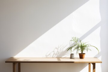 Wooden table and white empty wall with plant shadows