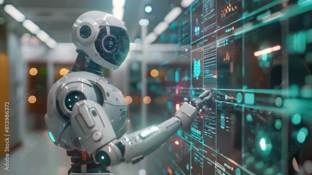 Poster A robot touches a massive wall of data in a bustling data center, symbolizing digital information processing and connectivity.