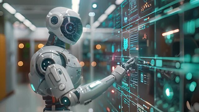 A robot touches a massive wall of data in a bustling data center, symbolizing digital information processing and connectivity.