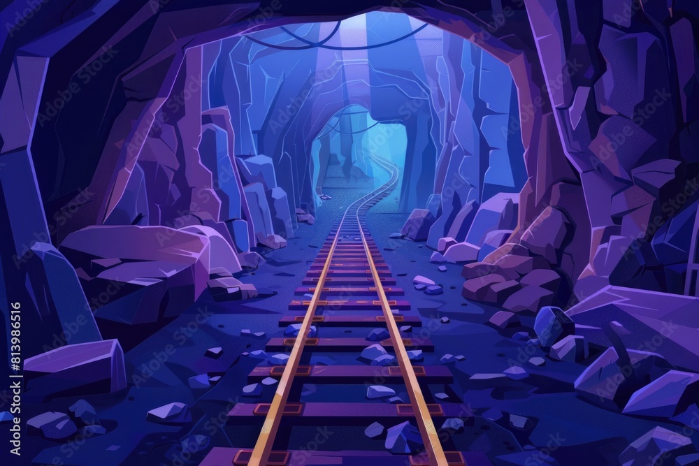 Poster a train moving through a tunnel with rocky walls. suitable for transportation concepts