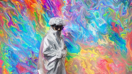 Mann im Ganzkörper Anzug aus aluminium Folie zum Schutz vor Bestrahlungen in leuchtenden bunten Farben