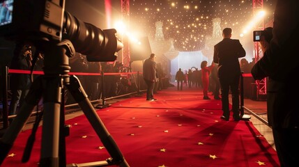 Glamorous red carpet event at night with photographers capturing celebrities amidst dazzling lights.