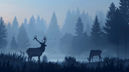 Enigmatic Wildlife Silhouettes in Morning Mist   Flat Design Icons Depict Animals as Shadows, Offering Glimpse into Elusive Lives. Flat Illustration.