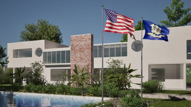Modellazione 3D e video di edificio reaidenziale con piscina  e bandiere USA e Connecticut al vento