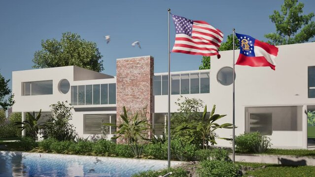 Modellazione 3D e video di edificio reaidenziale con piscina  e bandiere USA e Georgia al vento