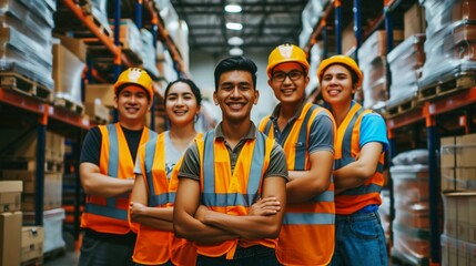 Obraz premium Group of five young Asian warehouse workers in safety vests and helmets smiling confidently in a storage aisle.