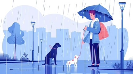 A young man walking his two dogs in the rain