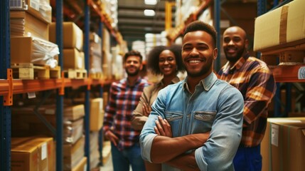 Diverse group of warehouse workers smiling confidently in a storage area, filled with shelves of boxes.