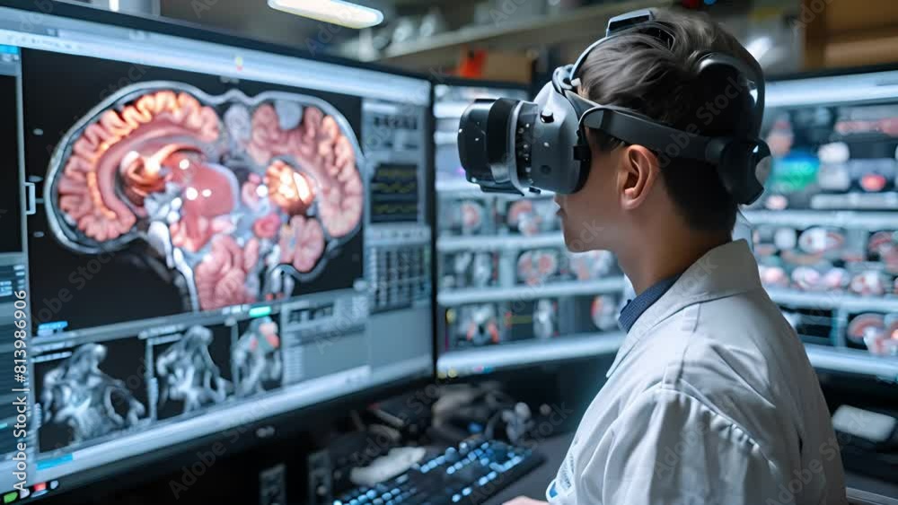 Fototapete A man in a white lab coat is focused on reviewing information displayed on a computer screen in a research or scientific setting.