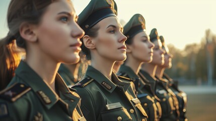 Close-up image of a row of young women in military uniforms, looking to the side during sunset.