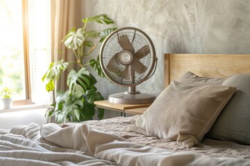 A bed with a fan next to a window, suitable for home decor ideas