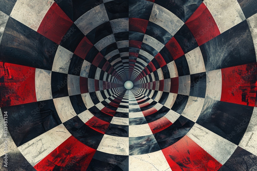 Poster A visually captivating digital artwork featuring a deep spiral tunnel pattern in a stark black, white, and red color scheme, with a textured, distressed finish.
