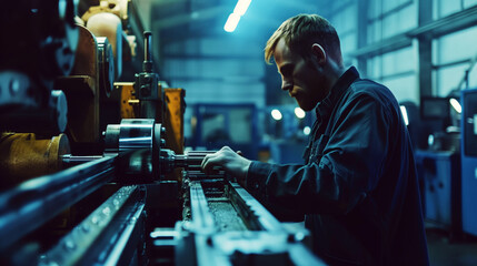 Focused mechanic working on a lathe machine in an industrial setting, surrounded by equipment.