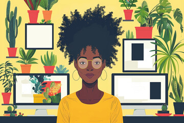 Woman working from a home office surrounded by plants, suitable for remote work and lifestyle content.