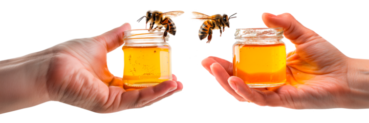 Set of jars of honey in hand close up isolated on white or transparent background. A hand holds an open jar of honey towards which a bee is flying, side view. Beekeeping, cosmetics with honey.